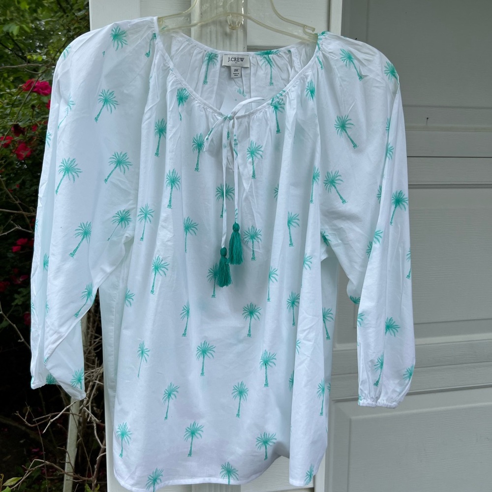 NWT J. Crew Pretty White Green Palm Trees Peasant Fun Sleeve Blouse